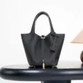 Classic black genuine leather bucket bag with metal lock, elegant top handle handbag for women. - 18*13*13 cm / Black [Gold Buckle]