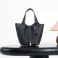 Classic Black Genuine Leather Bucket Bag Top Layer Cowhide Handbag Elegant Casual Tote - 18*13*13 cm / Black with Silver Buckle