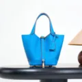 Blue leather bucket bag premium soft cowhide handbag classic style stylish everyday purse - 18*13*13 cm / Tanzania Blue with Gold Buckle