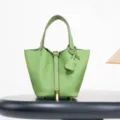 Green Genuine Leather Bucket Bag Handbag Casual Tote Purse with Metal Lock Hardware - 18*13*13 cm / Apple Green with Gold Buckle