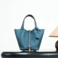 Blue Genuine Leather Bucket Bag Classic Top Layer Cowhide Handbag Elegant Tote Purse - 18*13*13 cm / Denim Blue with Gold Buckle