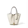 Classic white genuine leather bucket bag with metal lock, elegant minimalist daily handbag. - 18*13*13 cm / Chalk White with Gold Buckle