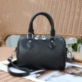 Black genuine leather Boston bag detail, soft cowhide pillow handbag with shoulder strap. - Black