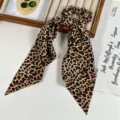 Retro leopard print hair scrunchie long streamer silk scarf ponytail fashion accessory. - 4# Reddish Brown Leopard Print