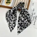 Retro leopard print hair scrunchie with long scarf streamer for elegant daily low ponytail styling. - 8# Gray Leopard Print