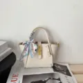 Elegant beige genuine leather bucket bag with stylish printed silk scarf, minimalist daily handbag. - Milk White [In Stock]