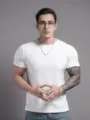 Men's solid white crew neck short sleeve t-shirt detail showing slim fit and fabric texture. - M / Round Neck Top (YW14) / White