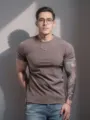 Detailed view of men's thermal ribbed crewneck short sleeve athletic t-shirt in khaki color. - M / Round Neck Top (YW14) / Brown