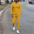Men long sleeve polo shirt and trousers casual tracksuit set yellow fashion clothing - S / Set / Yellow (Long Sleeve)