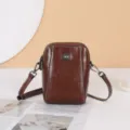 Oil waxed leather women crossbody shoulder bag, vintage brown phone pouch with metal flower decor. - Coffee