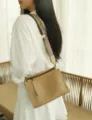 Brown genuine leather crossbody bag with colorful woven strap, stylish retro women's handbag - Beige