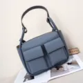 Bolso de hombro de cuero de vaca gran capacidad bolso cruzado casual elegante mujer - L / Azul Humo