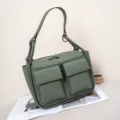 Bolso de hombro de cuero genuino verde para mujer, elegante bolso grande con bolsillos frontales. - S / Verde Almendra
