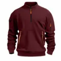 Detailed close-up view of men's wine red half-zip stand collar sweatshirt with multi pockets. - Burgundy