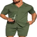 Ensemble chemise manches courtes et short decontracte ete pour homme deux pieces chic - S / Vert Militaire