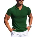 Men short sleeve ribbed knit polo shirt, solid color vertical stripe V neck top summer. - Dark Green