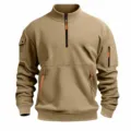 Men's stand-up collar half-zip sweatshirt with tactical multi-pockets and casual design. - Camel