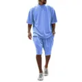 Men summer short sleeve t-shirt and shorts set casual loose two piece outfit apparel - M / Top And Bottom / Blue