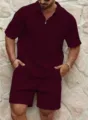 Men's waffle knit short sleeve polo shirt and shorts set detailed view in burgundy color. - Burgundy