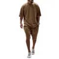 Men's summer casual oversized short sleeve t-shirt and matching shorts streetwear set brown. - Brown