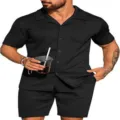 Ensemble chemise manches courtes et short texture noir homme ete decontracte vacances - S / Noir