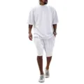 Details of men loose white casual short sleeve t-shirt and matching shorts summer outfit. - White