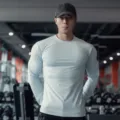 Men's light blue long sleeve sports fitness t-shirt, quick dry elastic gym workout base layer. - Round Neck Light Blue
