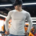 Men's long sleeve ribbed crewneck t-shirt in casual slim fit gym workout design. - M / Tops / Round Neck Light Khaki