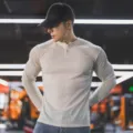 Mens long sleeve henley t-shirt casual waffle knit slim fit athletic fitness gym top - Henley Light Khaki