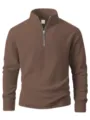 Men's Solid Brown Quarter Zip Fleece Sweatshirt Long Sleeve Stand Collar Pullover - S / Tops / Coffee