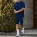 Men solid color short sleeve t-shirt shorts casual sportswear set summer comfortable outfit - Navy Blue