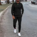 Men autumn solid color long sleeve polo shirt casual pants two-piece set streetwear fashion - S / Set / Black (Long Sleeve)