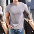 Men's summer heavy ribbed short sleeve T-shirt, solid color breathable quick dry fitness top. - M / Round Neck Top / Light Gray