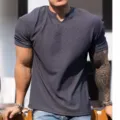 Men's summer short-sleeve dark grey V-neck t-shirt, athletic fit, textured casual top. - M / V-Neck Top / Dark Gray