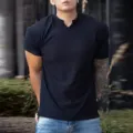 Men's summer short sleeve V-neck slim fit casual solid color t-shirt for daily wear. - M / V-Neck Top / Black