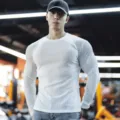 Men slim fit ribbed long sleeve athletic t-shirt solid color casual fitness top gym wear - M / Tops / Round Neck White