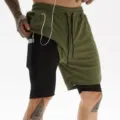 Short de Course 2-en-1 Homme Vert Olive Compression Poche Fitness Vêtement Sport - Vert Militaire