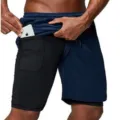 Short de sport 2 en 1 homme respirant séchage rapide short de course avec poche pour téléphone - Bleu marine