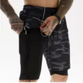 Short de Sport 2-en-1 Homme Camouflage Séchage Rapide Short de Course avec Poches - Camouflage Gris