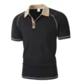 Men's short sleeve polo shirt contrast color lapel casual summer black top apparel - S / Tops / Black