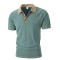 Men short sleeve polo shirt casual contrast collar summer apparel top breathable - Army Green