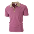 Men's short sleeve polo shirt casual contrast color lapel henley slim fit summer top - Rose Red
