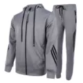 Men grey casual sports hoodie tracksuit with zip and classic three stripes design. - S / Top And Bottom / Gray