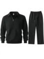 Ensemble survêtement noir homme sweat polo demi-zip et pantalon texturé maille jacquard. - S / Haut et Bas / Noir