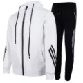 Men's casual sportswear tracksuit featuring white zip hoodie and black pants with stripe details. - S / Top And Bottom / White