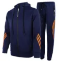 Close-up of dark blue athletic tracksuit hoodie pants with striking orange stripes detailing. - Navy Blue with Orange Trim