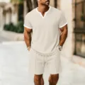 Set t-shirt e pantaloncini a maniche corte in tessuto waffle da uomo, dettaglio. - Taglia S / Top e Pantaloni / Kaki