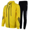 Detailed view of yellow hoodie and black sweatpants with three stripes and drawstring. - S / Top And Bottom / Yellow