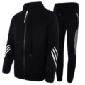 Detailed view of men's black tracksuit set, featuring hooded zip sweatshirt and pants. - Black
