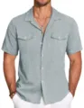 Men's summer short-sleeve linen shirt casual solid color lapel button-down shirt with pockets - Light Green